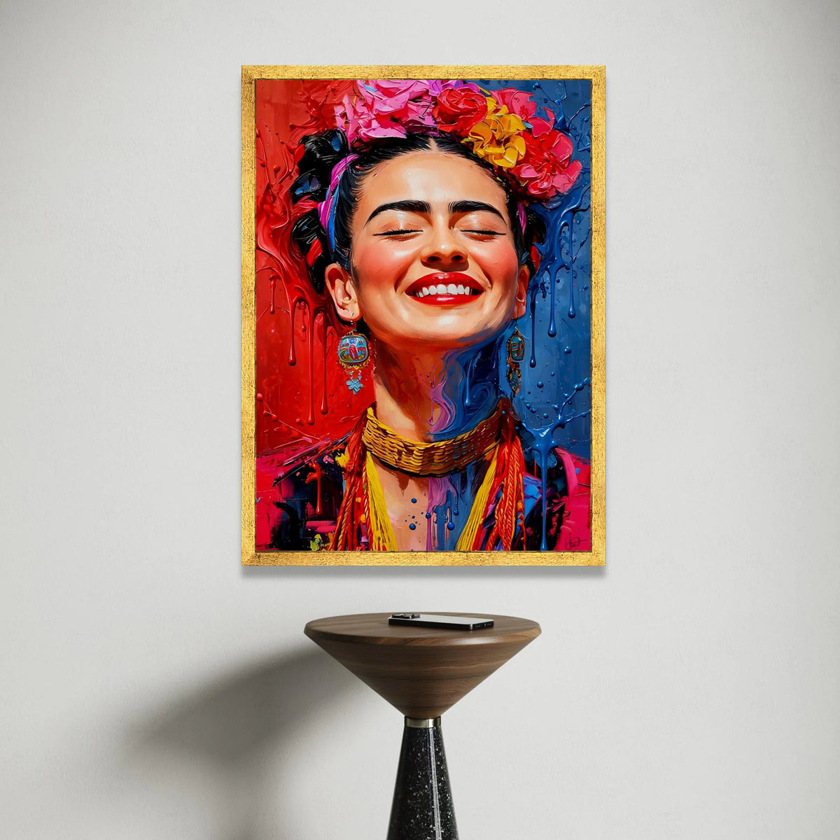 Vibrant Smiling Woman Canvas, Colorful Floral Headpiece Wall Art, Contemporary Portrait Canvas, Expressive Face Decor, Canvas Print Art