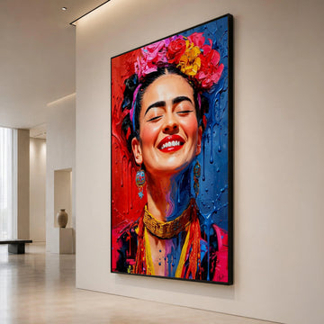 Vibrant Smiling Woman Canvas, Colorful Floral Headpiece Wall Art, Contemporary Portrait Canvas, Expressive Face Decor, Canvas Print Art