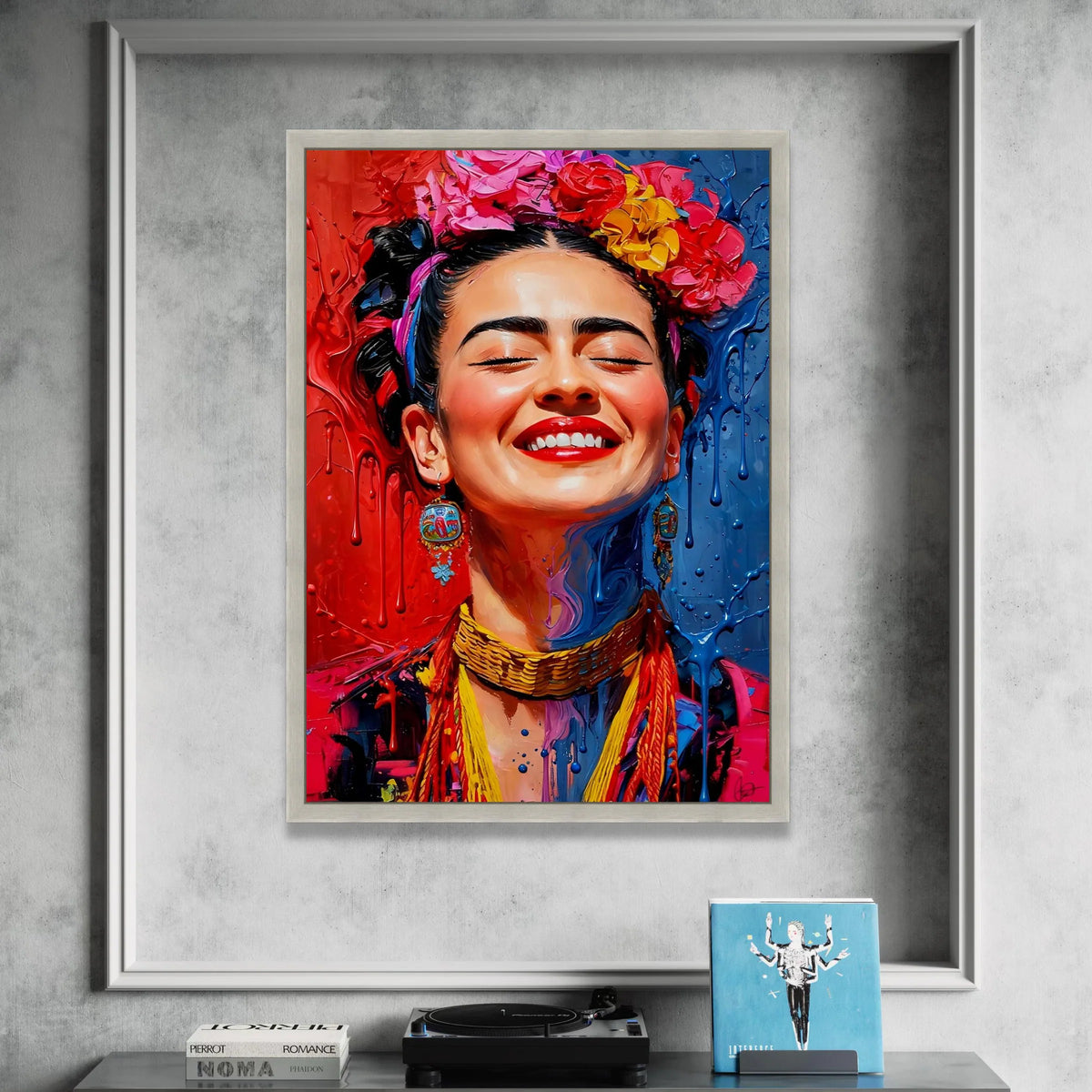 Vibrant Smiling Woman Canvas, Colorful Floral Headpiece Wall Art, Contemporary Portrait Canvas, Expressive Face Decor, Canvas Print Art