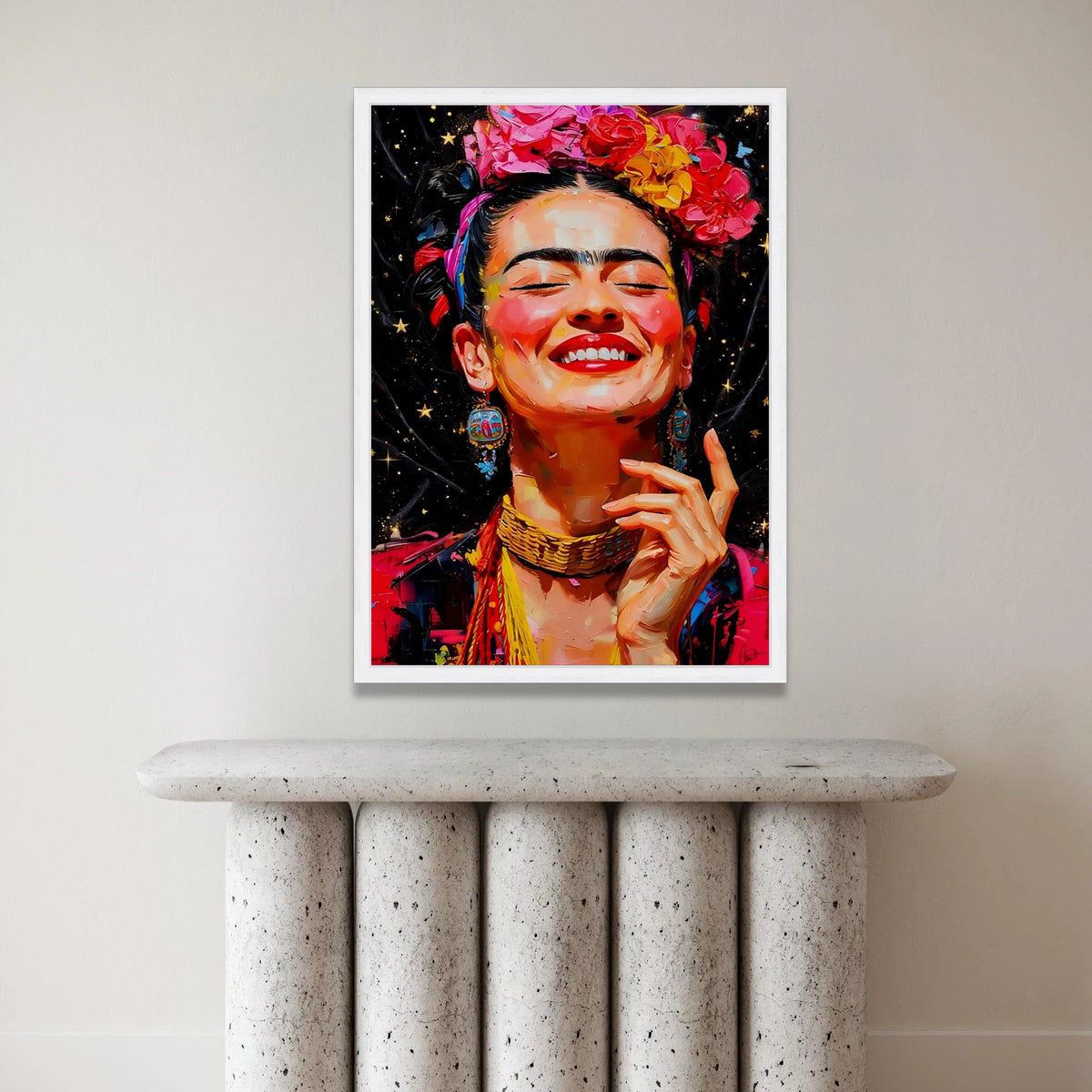Vibrant Joyful Woman Portrait Canvas, Colorful Floral Headpiece Wall Art, Ethnic Boho Style Canvas, Expressive Face Canvas Print Art