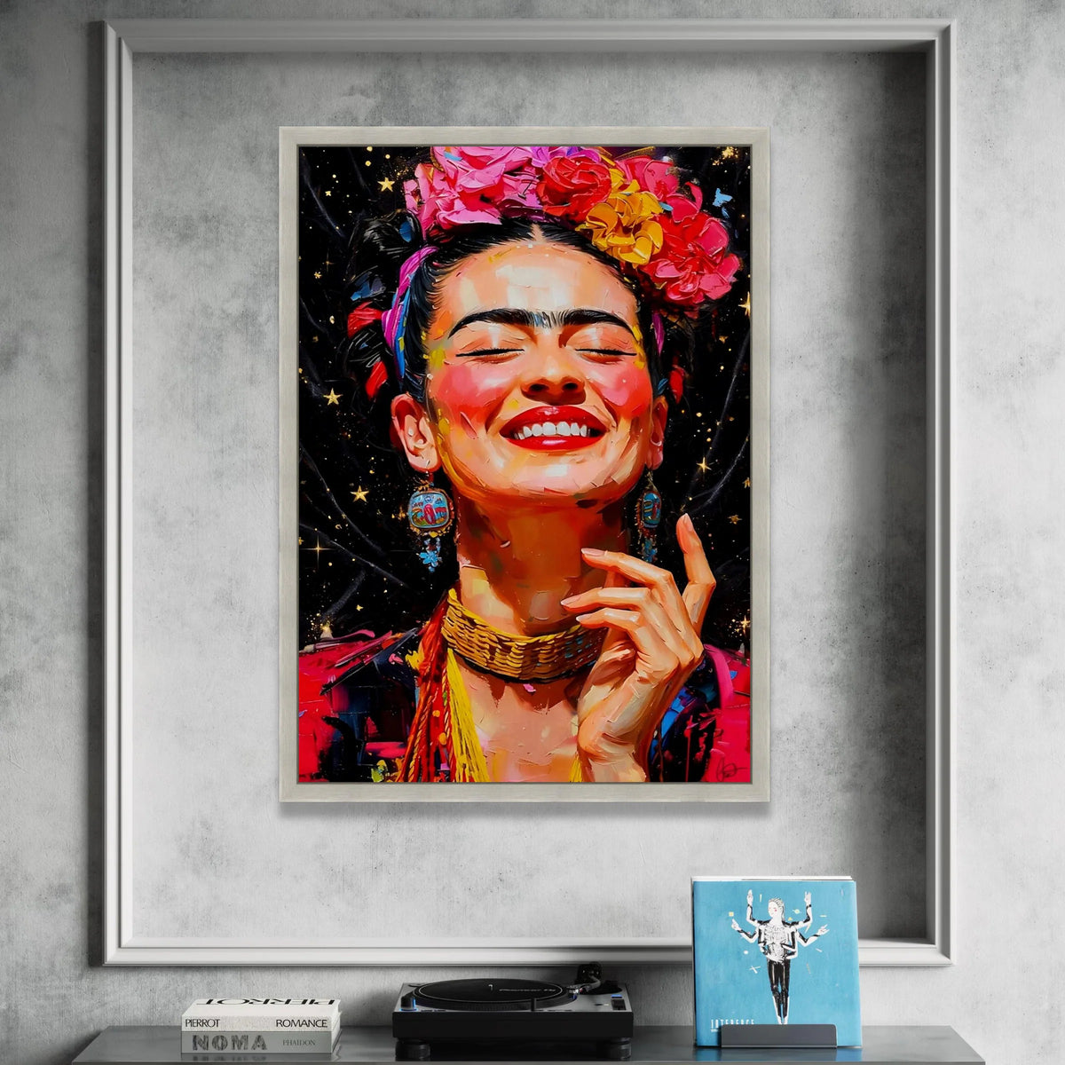 Vibrant Joyful Woman Portrait Canvas, Colorful Floral Headpiece Wall Art, Ethnic Boho Style Canvas, Expressive Face Canvas Print Art