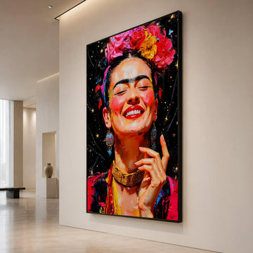 Vibrant Joyful Woman Portrait Canvas, Colorful Floral Headpiece Wall Art, Ethnic Boho Style Canvas, Expressive Face Canvas Print Art