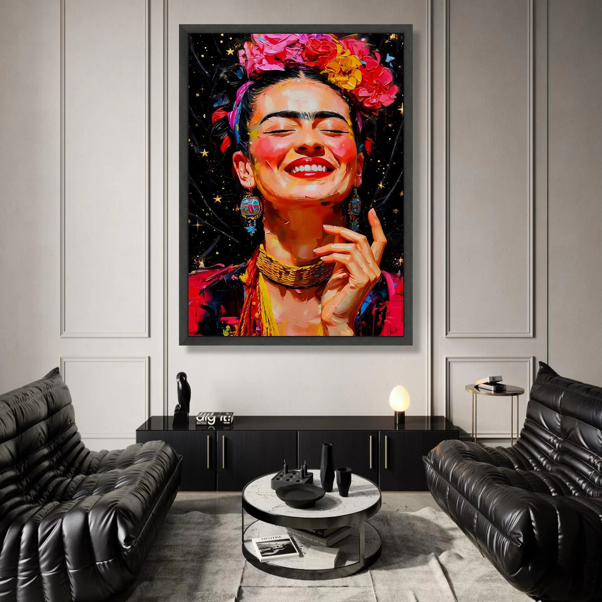 Vibrant Joyful Woman Portrait Canvas, Colorful Floral Headpiece Wall Art, Ethnic Boho Style Canvas, Expressive Face Canvas Print Art