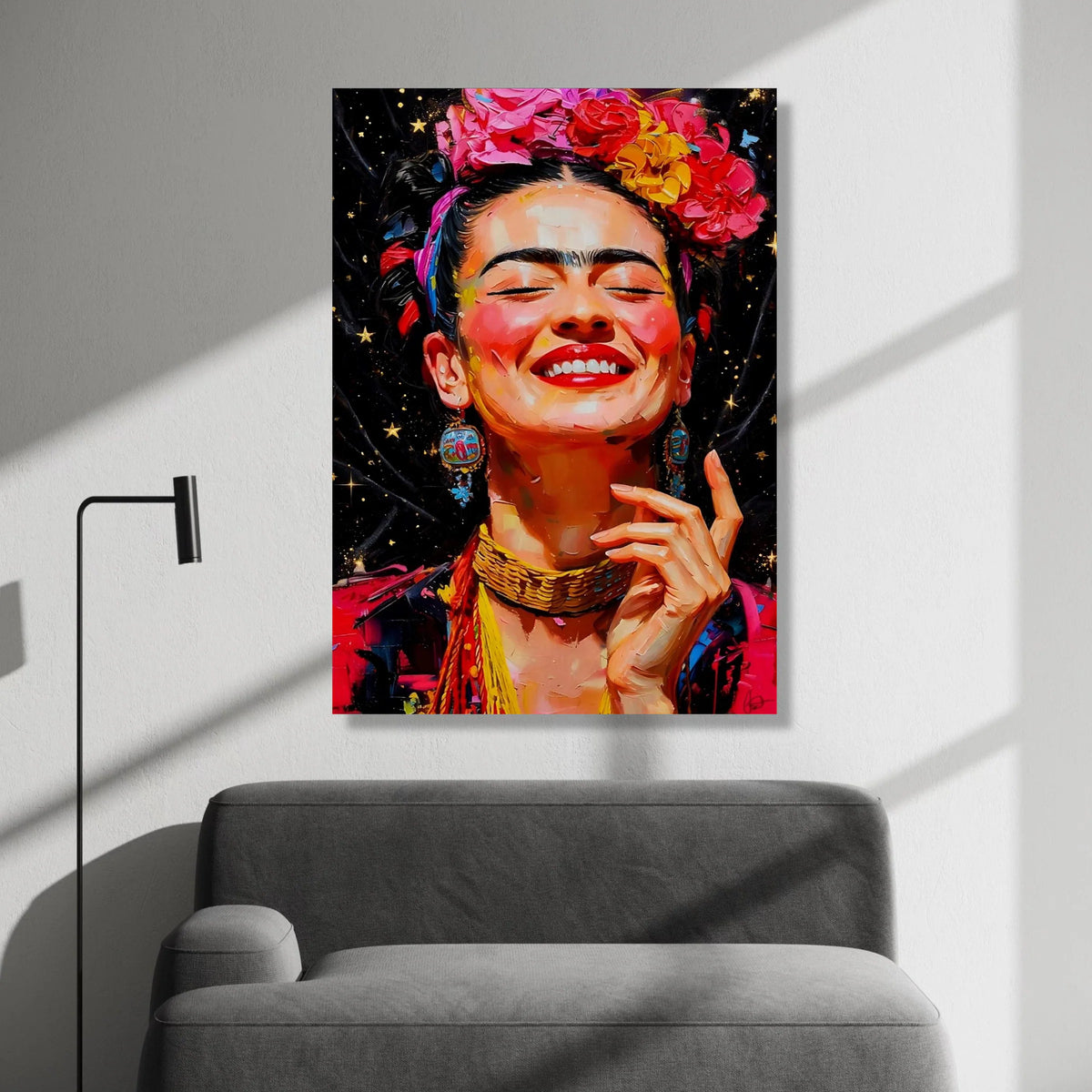 Vibrant Joyful Woman Portrait Canvas, Colorful Floral Headpiece Wall Art, Ethnic Boho Style Canvas, Expressive Face Canvas Print Art