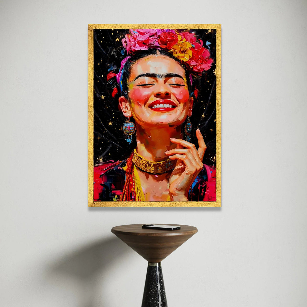 Vibrant Joyful Woman Portrait Canvas, Colorful Floral Headpiece Wall Art, Ethnic Boho Style Canvas, Expressive Face Canvas Print Art