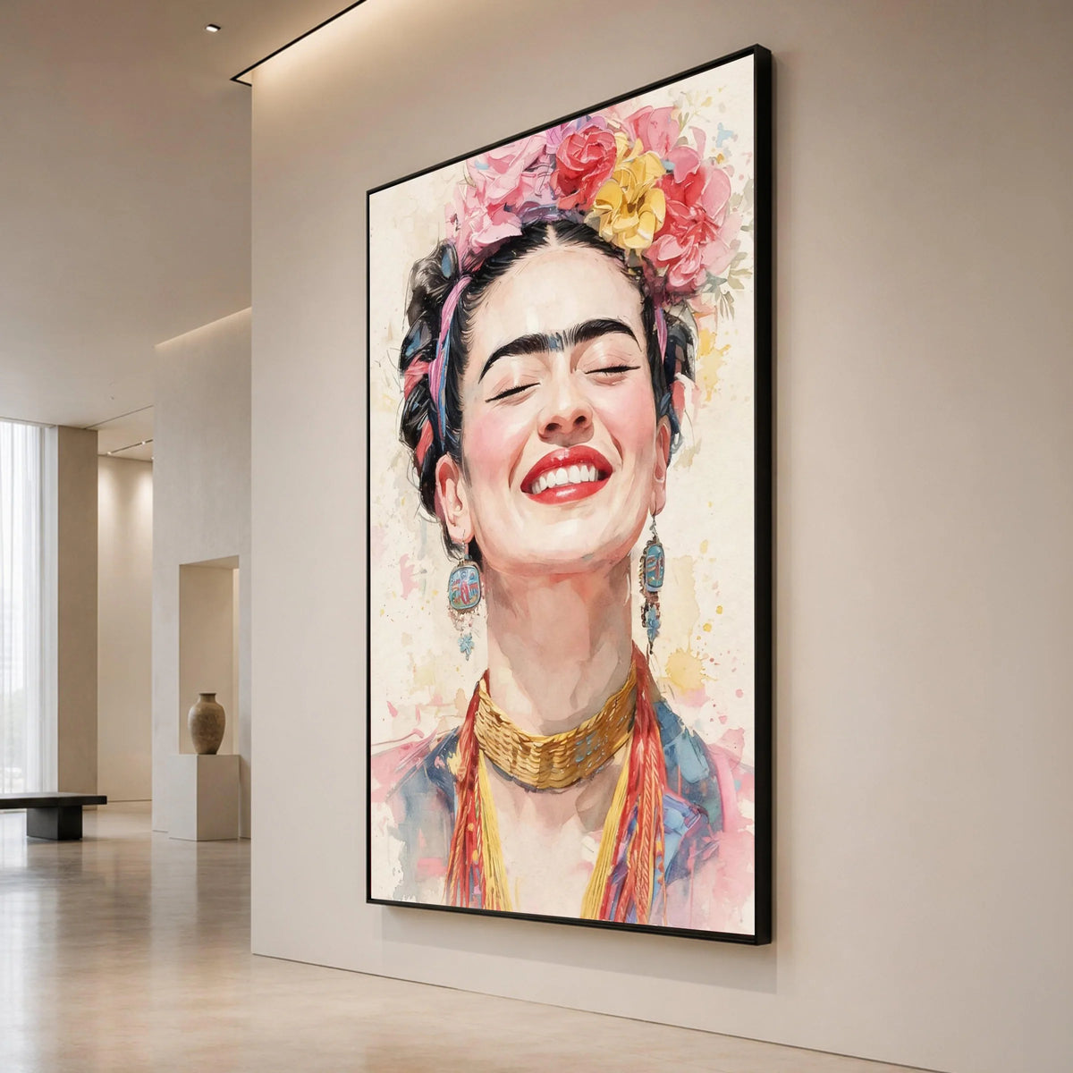 Joyful Woman Portrait Canvas, Colorful Floral Crown Art, Smiling Female Face Wall Art, Ethnic Jewelry Decoration, Vibrant Canvas Print Art