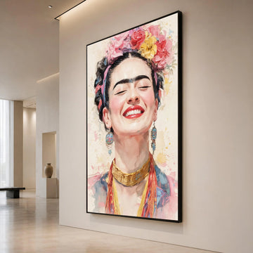 Joyful Woman Portrait Canvas, Colorful Floral Crown Art, Smiling Female Face Wall Art, Ethnic Jewelry Decoration, Vibrant Canvas Print Art