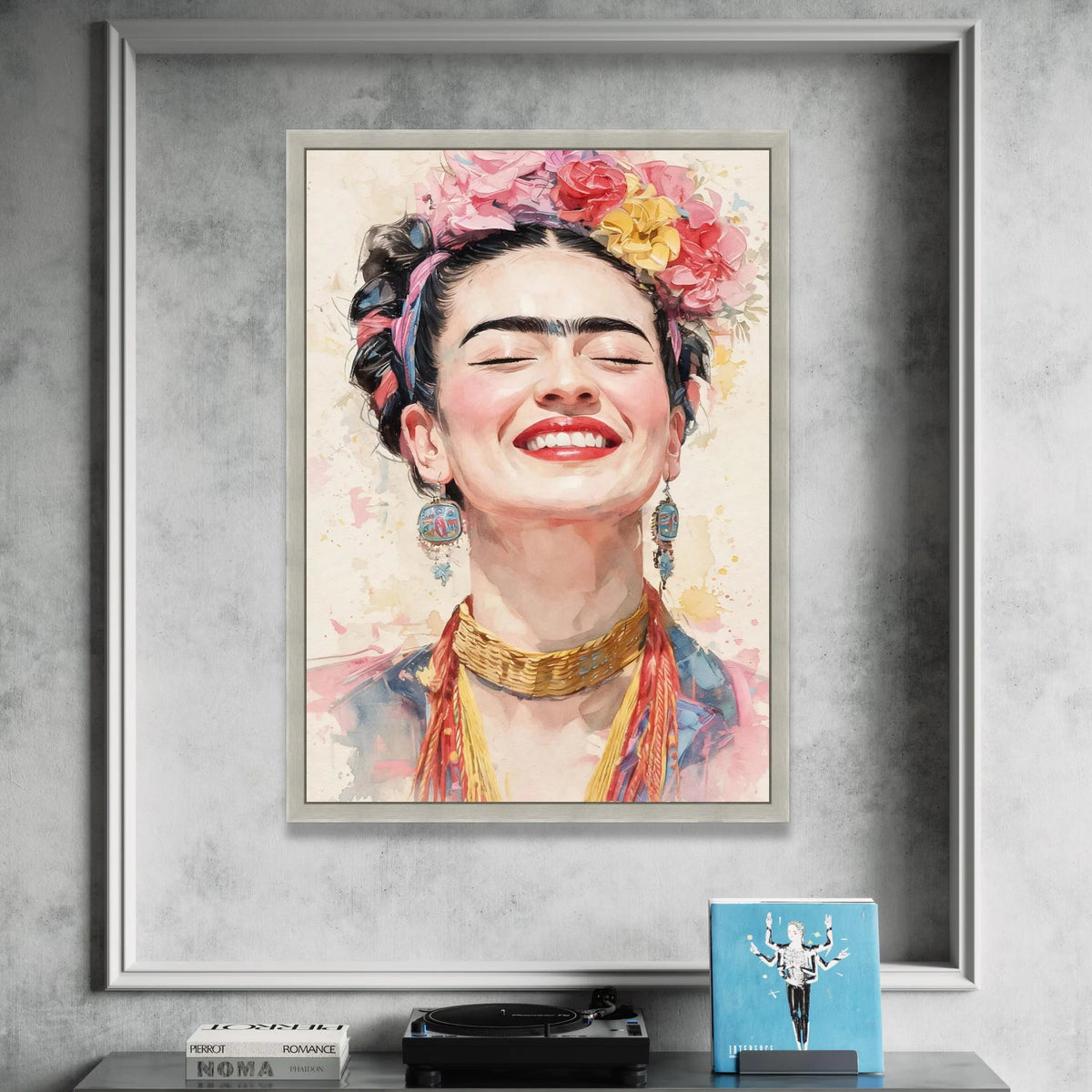 Joyful Woman Portrait Canvas, Colorful Floral Crown Art, Smiling Female Face Wall Art, Ethnic Jewelry Decoration, Vibrant Canvas Print Art