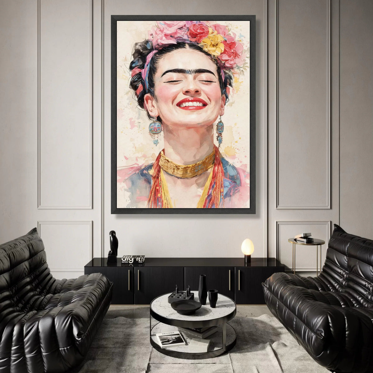 Joyful Woman Portrait Canvas, Colorful Floral Crown Art, Smiling Female Face Wall Art, Ethnic Jewelry Decoration, Vibrant Canvas Print Art
