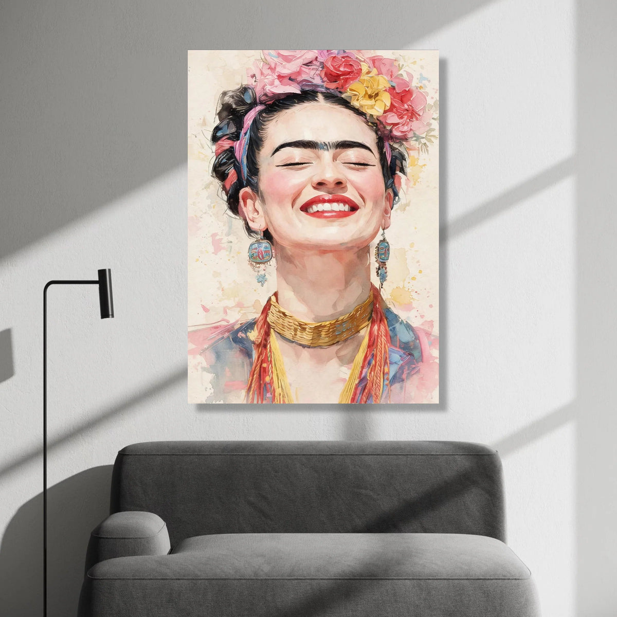 Joyful Woman Portrait Canvas, Colorful Floral Crown Art, Smiling Female Face Wall Art, Ethnic Jewelry Decoration, Vibrant Canvas Print Art