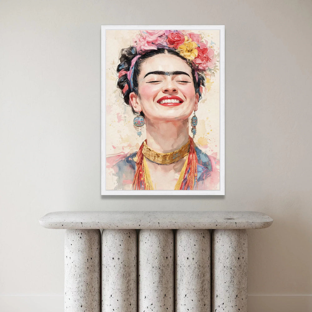 Joyful Woman Portrait Canvas, Colorful Floral Crown Art, Smiling Female Face Wall Art, Ethnic Jewelry Decoration, Vibrant Canvas Print Art