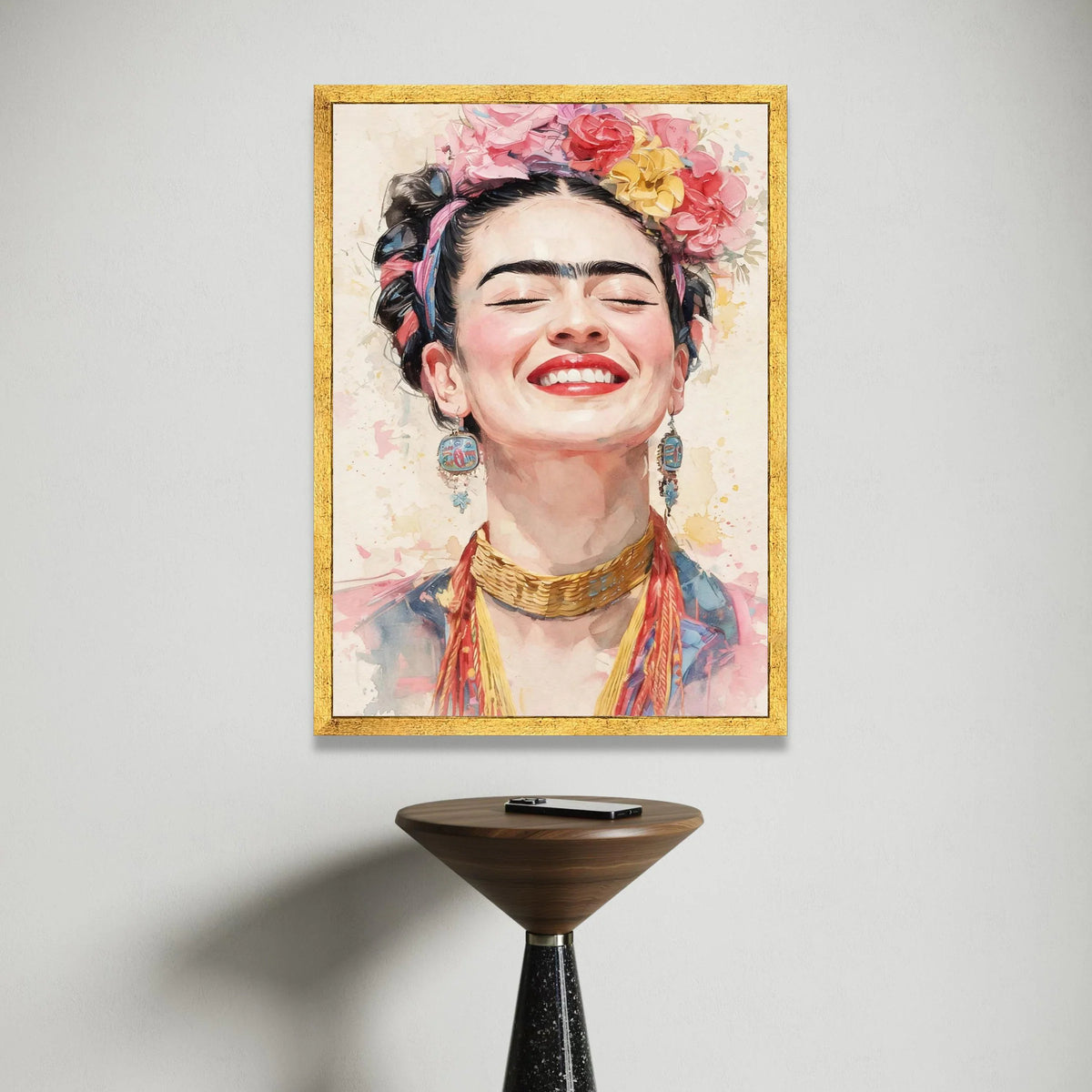 Joyful Woman Portrait Canvas, Colorful Floral Crown Art, Smiling Female Face Wall Art, Ethnic Jewelry Decoration, Vibrant Canvas Print Art