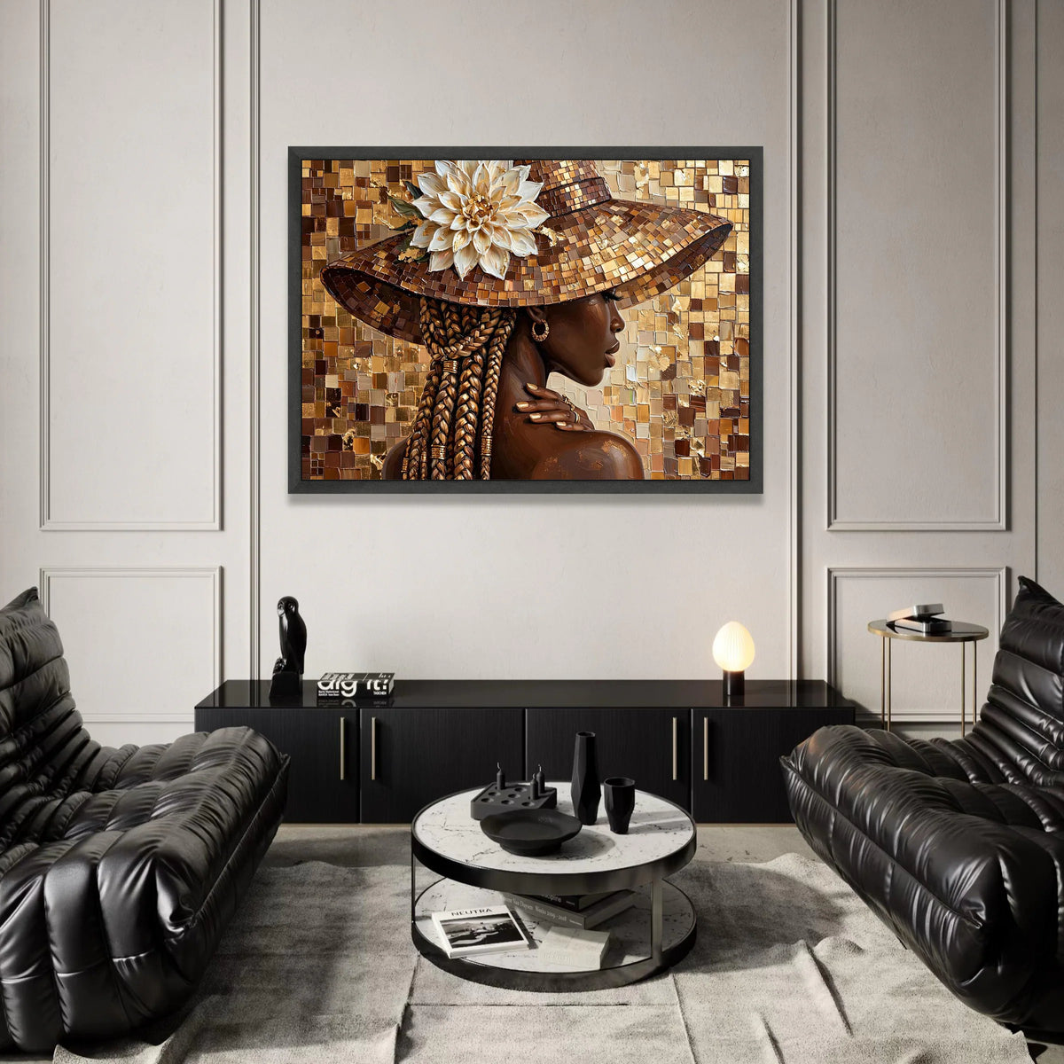 Elegant Woman with Braids and Wide Brim Hat Canvas, Floral Accent Wall Art, Chic Portrait Canvas, Brown and Gold Home Canvas Print Art