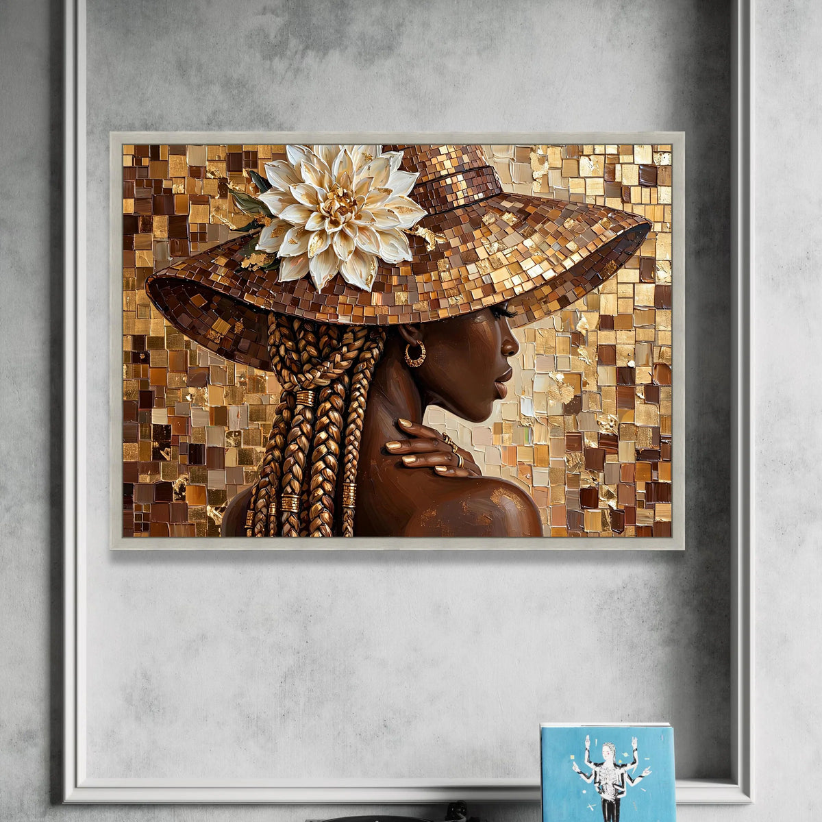 Elegant Woman with Braids and Wide Brim Hat Canvas, Floral Accent Wall Art, Chic Portrait Canvas, Brown and Gold Home Canvas Print Art