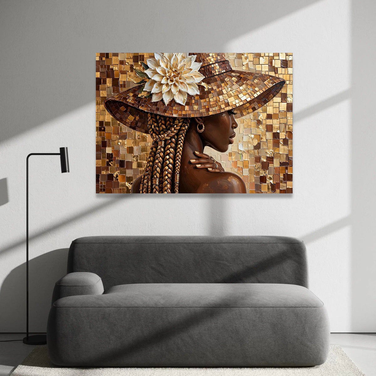 Elegant Woman with Braids and Wide Brim Hat Canvas, Floral Accent Wall Art, Chic Portrait Canvas, Brown and Gold Home Canvas Print Art