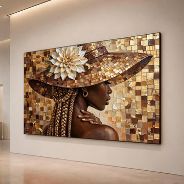 Elegant Woman with Braids and Wide Brim Hat Canvas, Floral Accent Wall Art, Chic Portrait Canvas, Brown and Gold Home Canvas Print Art