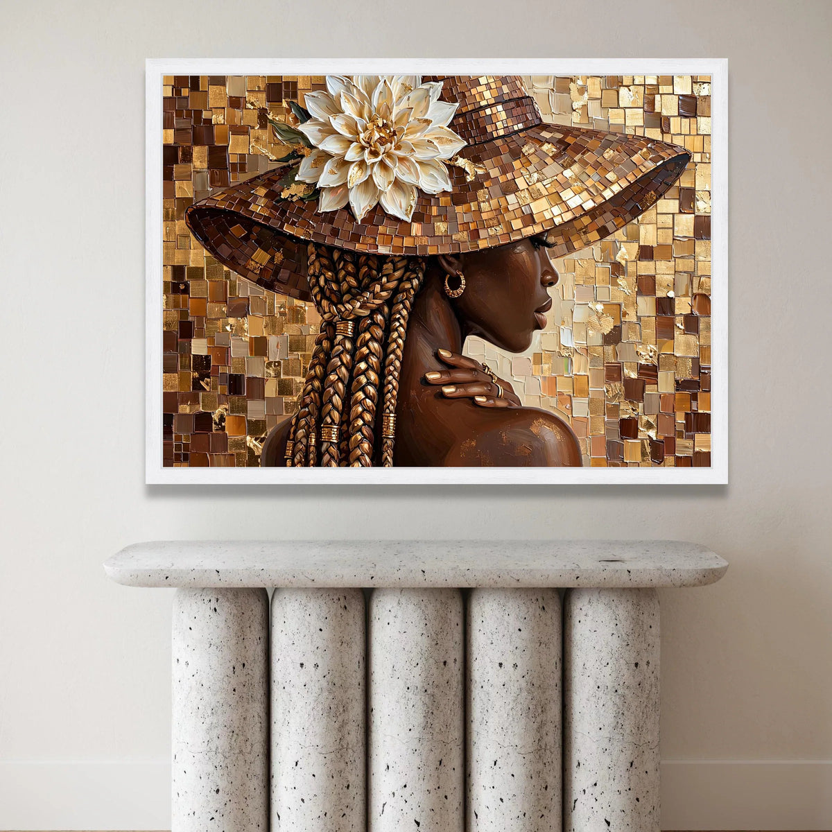 Elegant Woman with Braids and Wide Brim Hat Canvas, Floral Accent Wall Art, Chic Portrait Canvas, Brown and Gold Home Canvas Print Art