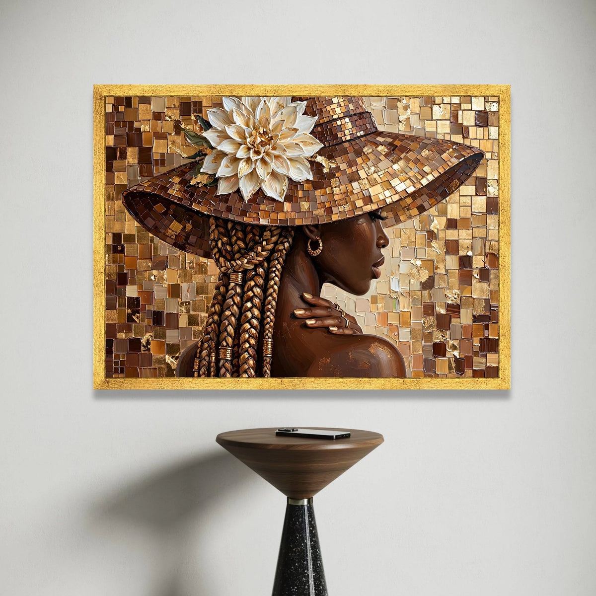 Elegant Woman with Braids and Wide Brim Hat Canvas, Floral Accent Wall Art, Chic Portrait Canvas, Brown and Gold Home Canvas Print Art