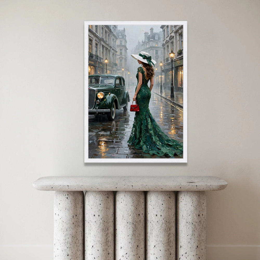 Elegant Woman Green Dress Canvas, Vintage City Street Scene, Classic Car Wall Art, Evening Rain Ambiance, Fashion Lifestyle Canvas Print Art