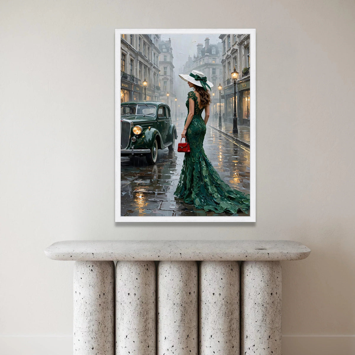 Elegant Woman Green Dress Canvas, Vintage City Street Scene, Classic Car Wall Art, Evening Rain Ambiance, Fashion Lifestyle Canvas Print Art