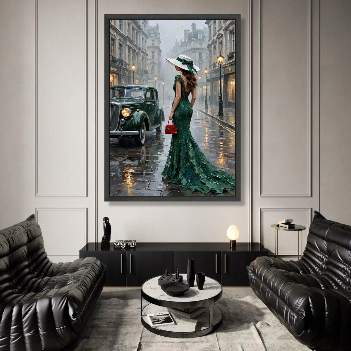 Elegant Woman Green Dress Canvas, Vintage City Street Scene, Classic Car Wall Art, Evening Rain Ambiance, Fashion Lifestyle Canvas Print Art