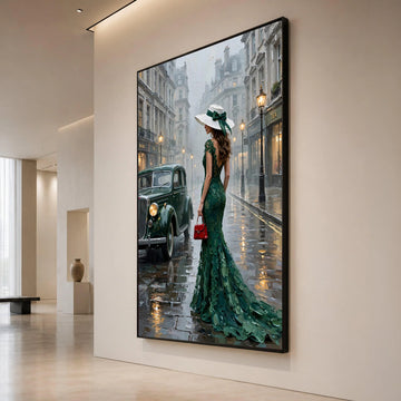 Elegant Woman Green Dress Canvas, Vintage City Street Scene, Classic Car Wall Art, Evening Rain Ambiance, Fashion Lifestyle Canvas Print Art