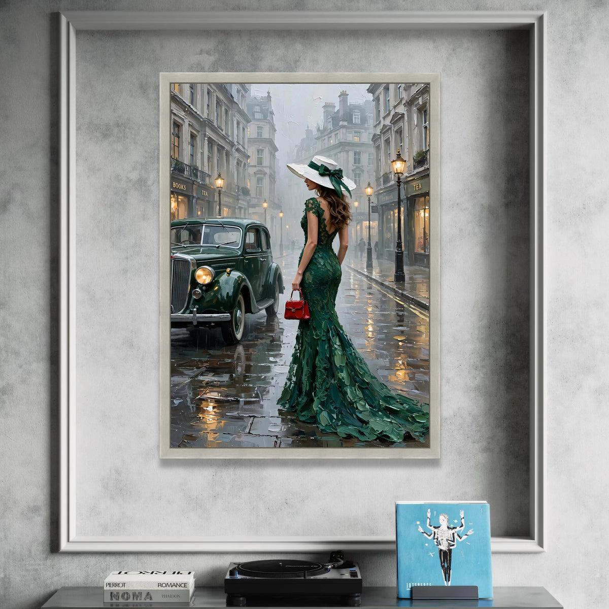 Elegant Woman Green Dress Canvas, Vintage City Street Scene, Classic Car Wall Art, Evening Rain Ambiance, Fashion Lifestyle Canvas Print Art