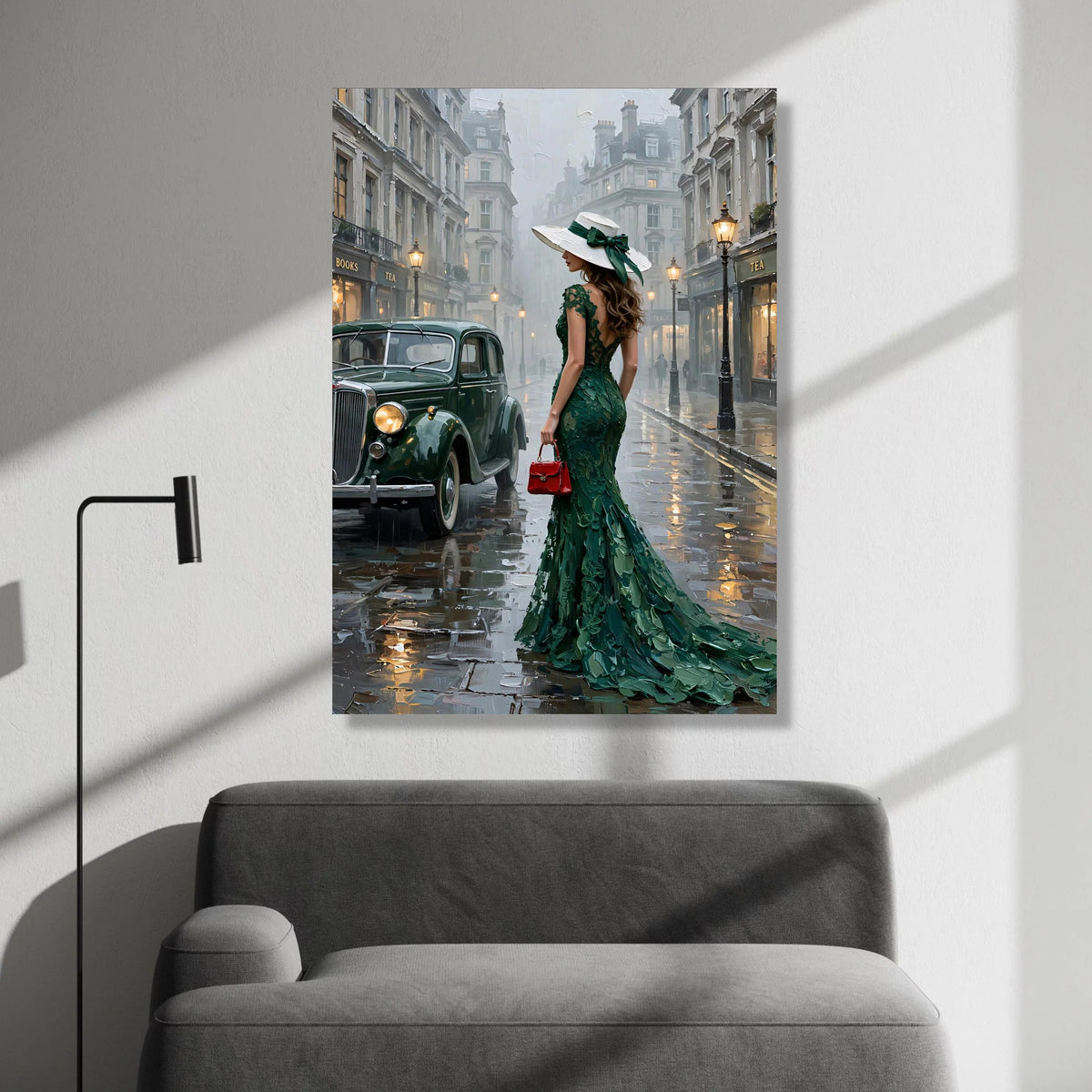 Elegant Woman Green Dress Canvas, Vintage City Street Scene, Classic Car Wall Art, Evening Rain Ambiance, Fashion Lifestyle Canvas Print Art