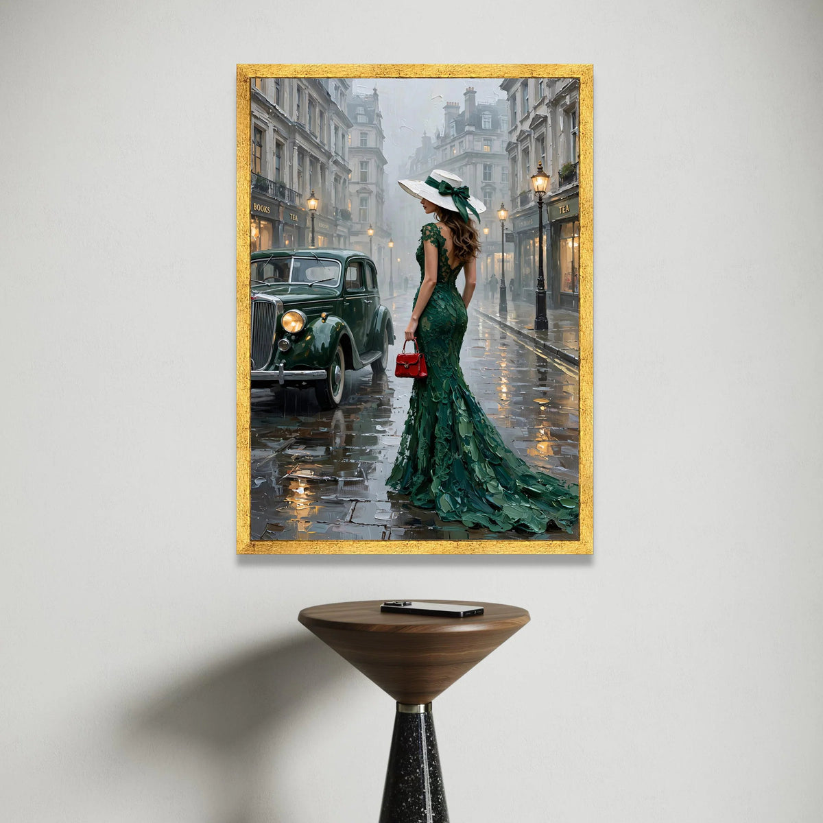 Elegant Woman Green Dress Canvas, Vintage City Street Scene, Classic Car Wall Art, Evening Rain Ambiance, Fashion Lifestyle Canvas Print Art