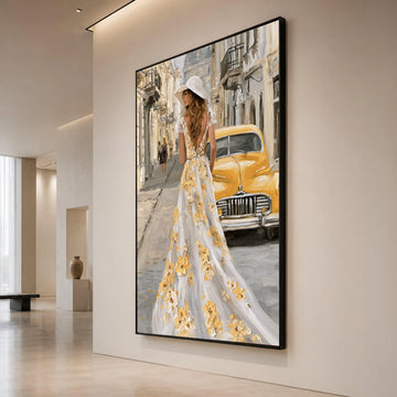 Elegant Woman Floral Dress, Vintage Yellow Car Canvas, European Street Scene, Romantic Cityscape Wall Art, Home Decoration Canvas Print Art