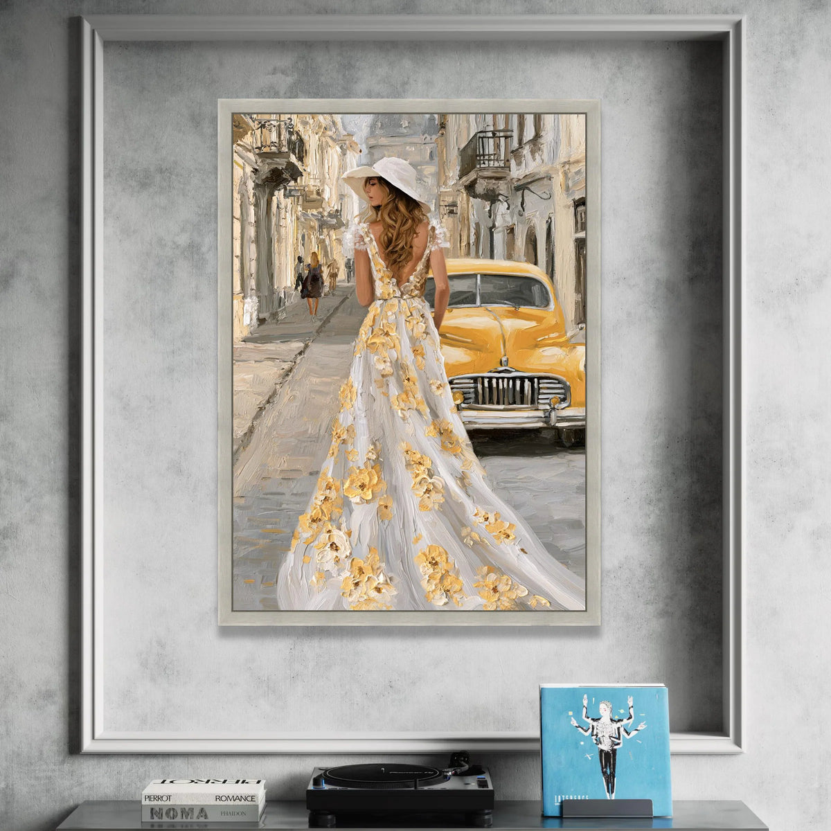 Elegant Woman Floral Dress, Vintage Yellow Car Canvas, European Street Scene, Romantic Cityscape Wall Art, Home Decoration Canvas Print Art
