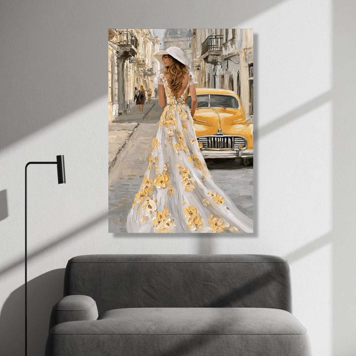 Elegant Woman Floral Dress, Vintage Yellow Car Canvas, European Street Scene, Romantic Cityscape Wall Art, Home Decoration Canvas Print Art