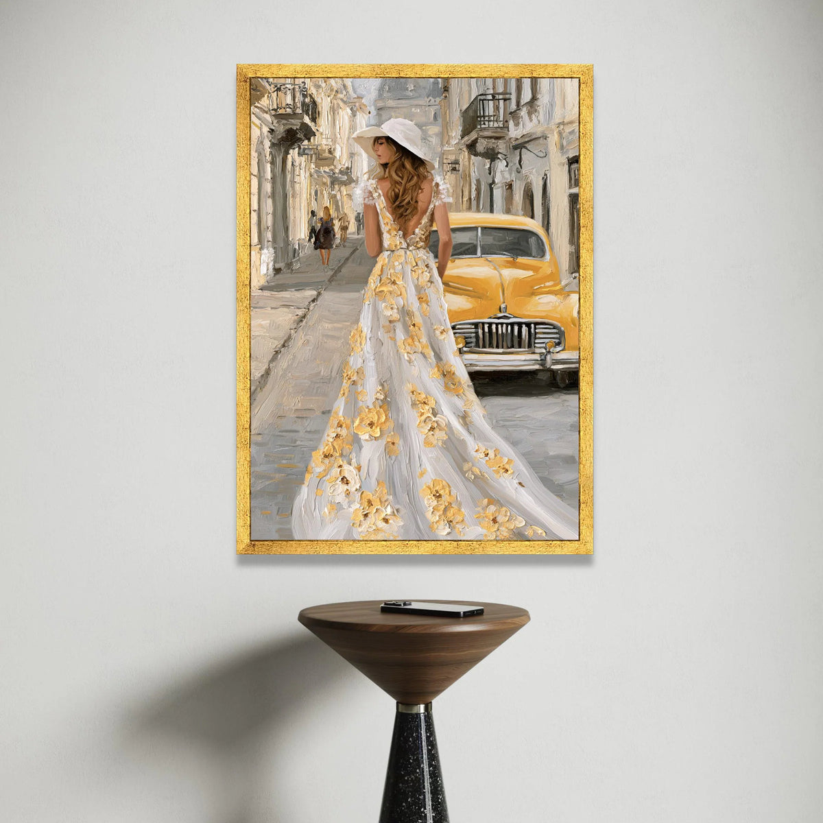 Elegant Woman Floral Dress, Vintage Yellow Car Canvas, European Street Scene, Romantic Cityscape Wall Art, Home Decoration Canvas Print Art