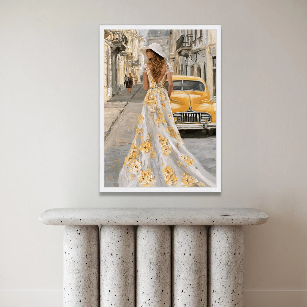 Elegant Woman Floral Dress, Vintage Yellow Car Canvas, European Street Scene, Romantic Cityscape Wall Art, Home Decoration Canvas Print Art
