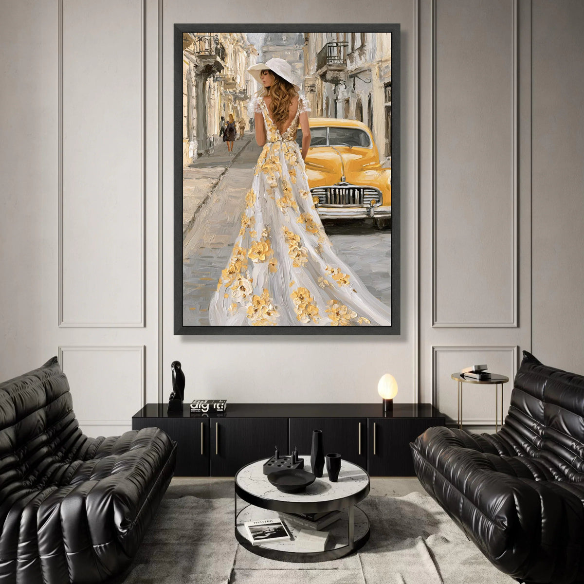 Elegant Woman Floral Dress, Vintage Yellow Car Canvas, European Street Scene, Romantic Cityscape Wall Art, Home Decoration Canvas Print Art