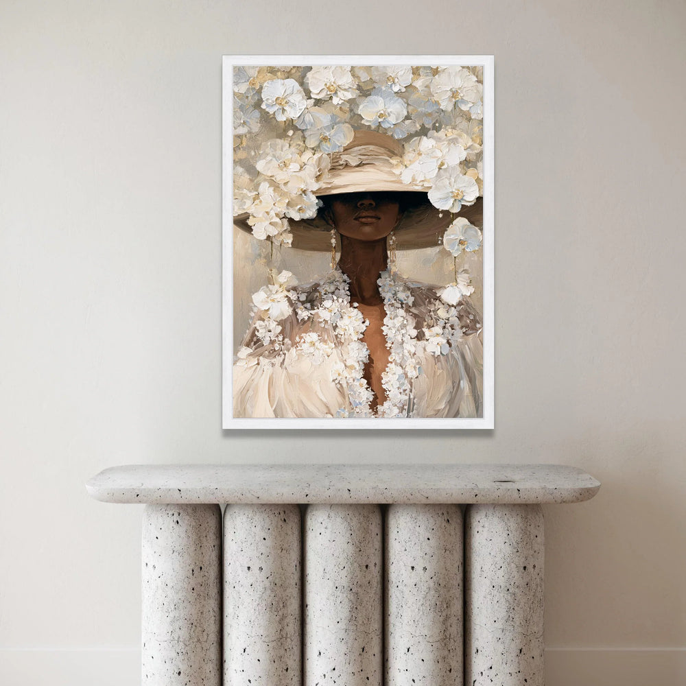 Elegant Woman with Floral Hat Canvas, White Flower Portrait Art, Sophisticated Wall Decor, Modern Feminine Canvas, Luxury Canvas Print Art