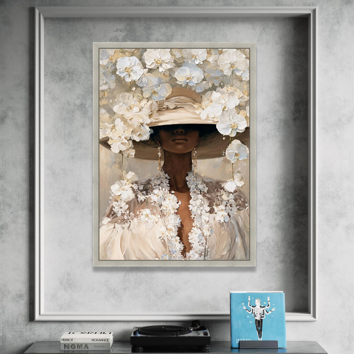Elegant Woman with Floral Hat Canvas, White Flower Portrait Art, Sophisticated Wall Decor, Modern Feminine Canvas, Luxury Canvas Print Art