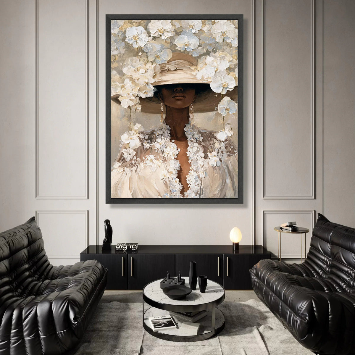 Elegant Woman with Floral Hat Canvas, White Flower Portrait Art, Sophisticated Wall Decor, Modern Feminine Canvas, Luxury Canvas Print Art