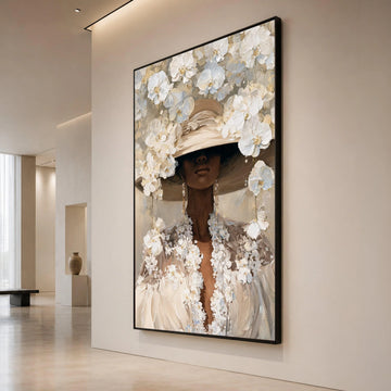 Elegant Woman with Floral Hat Canvas, White Flower Portrait Art, Sophisticated Wall Decor, Modern Feminine Canvas, Luxury Canvas Print Art