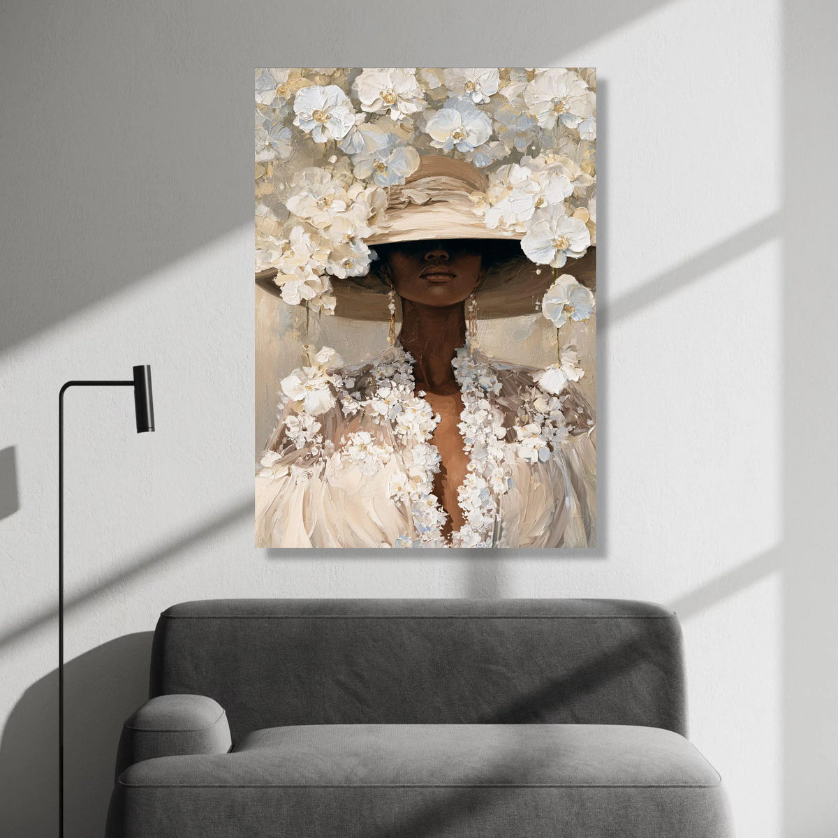 Elegant Woman with Floral Hat Canvas, White Flower Portrait Art, Sophisticated Wall Decor, Modern Feminine Canvas, Luxury Canvas Print Art