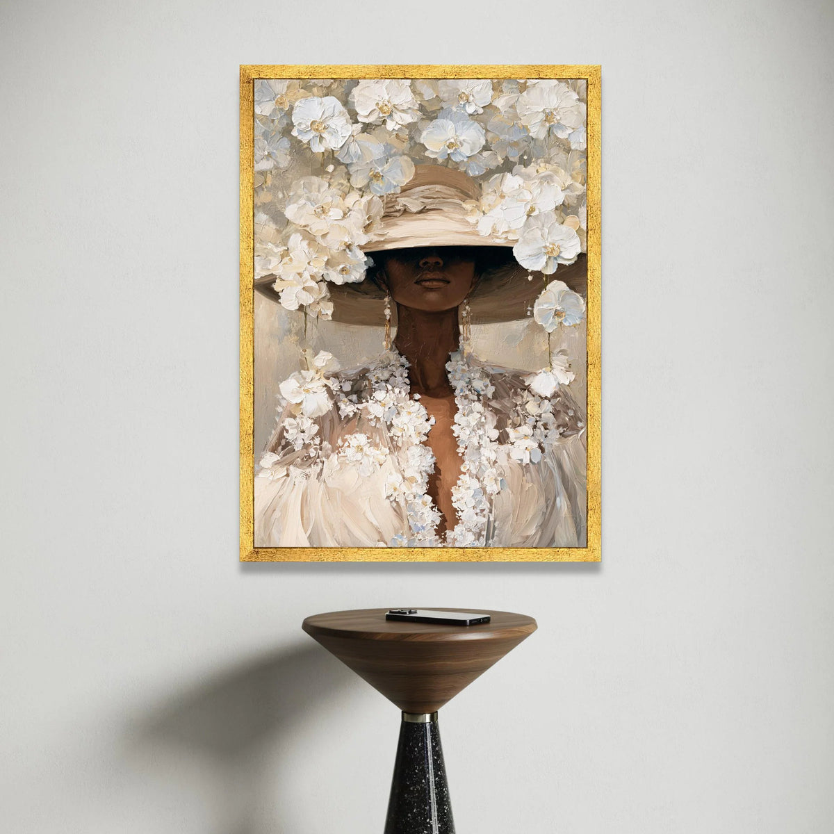 Elegant Woman with Floral Hat Canvas, White Flower Portrait Art, Sophisticated Wall Decor, Modern Feminine Canvas, Luxury Canvas Print Art