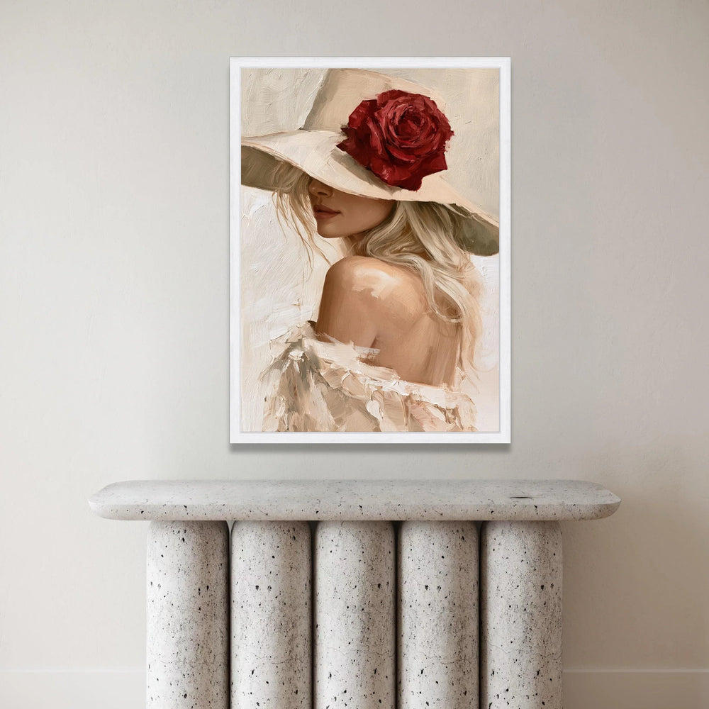 Elegant Woman with Wide Brim Hat Canvas, Red Rose Accent, Feminine Portrait Wall Art, Soft Neutral Tones Decor, Chic Canvas Print Art