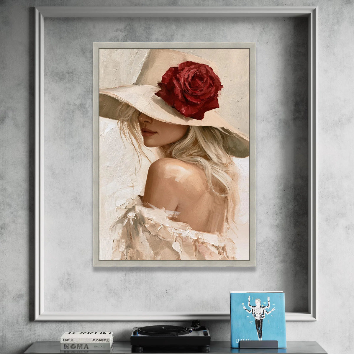 Elegant Woman with Wide Brim Hat Canvas, Red Rose Accent, Feminine Portrait Wall Art, Soft Neutral Tones Decor, Chic Canvas Print Art