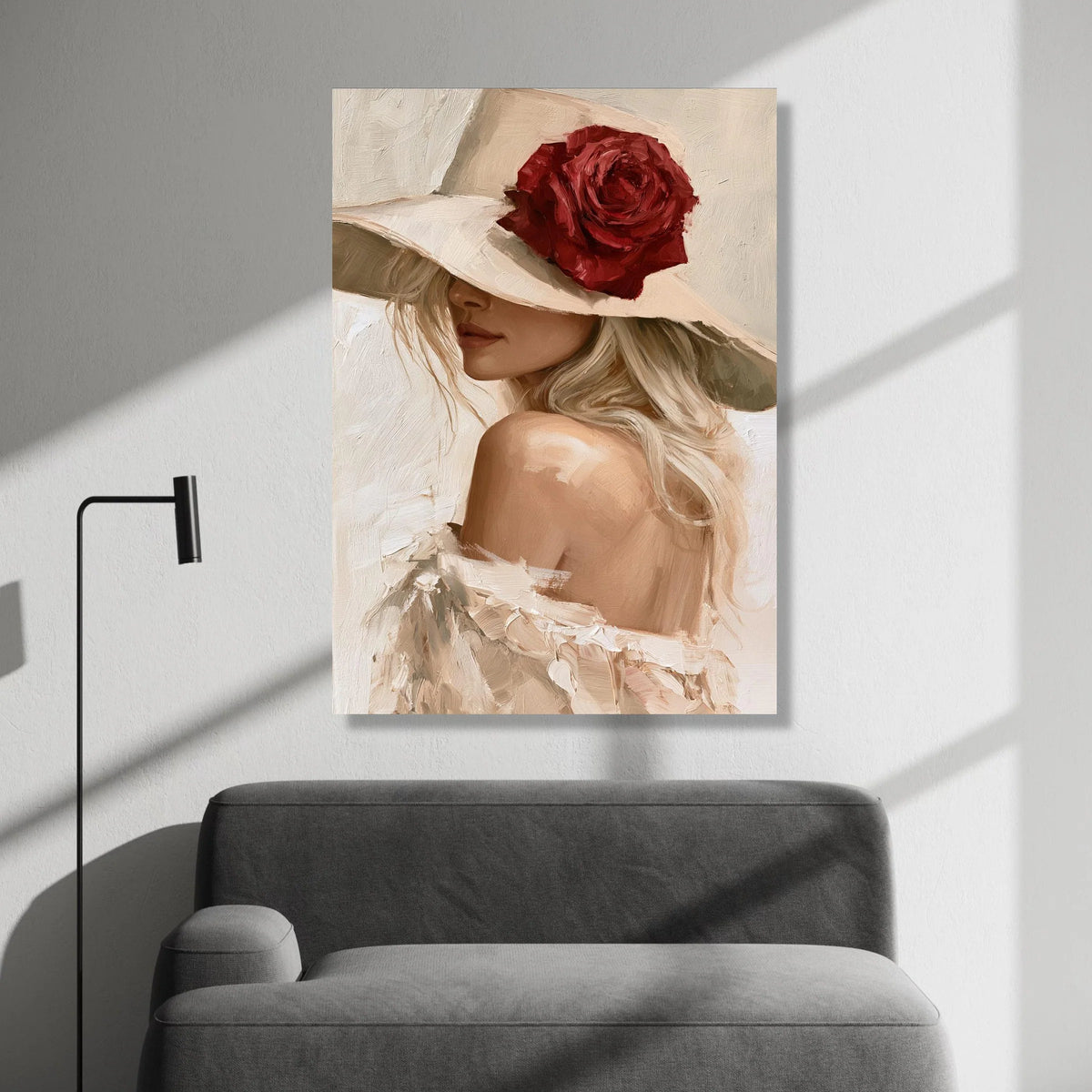 Elegant Woman with Wide Brim Hat Canvas, Red Rose Accent, Feminine Portrait Wall Art, Soft Neutral Tones Decor, Chic Canvas Print Art