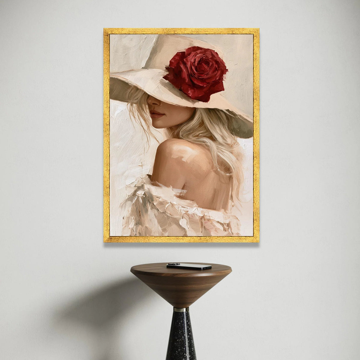 Elegant Woman with Wide Brim Hat Canvas, Red Rose Accent, Feminine Portrait Wall Art, Soft Neutral Tones Decor, Chic Canvas Print Art