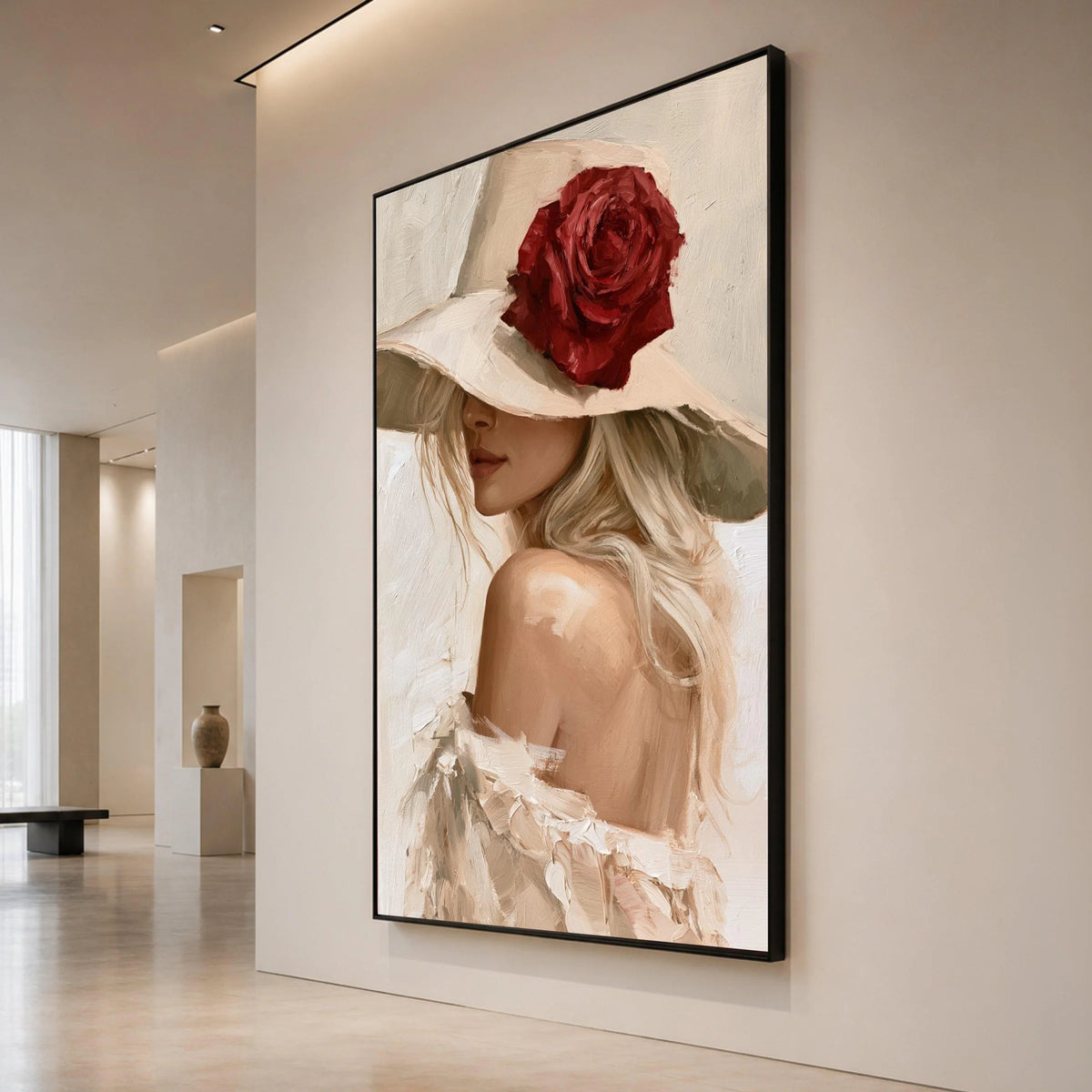 Elegant Woman with Wide Brim Hat Canvas, Red Rose Accent, Feminine Portrait Wall Art, Soft Neutral Tones Decor, Chic Canvas Print Art
