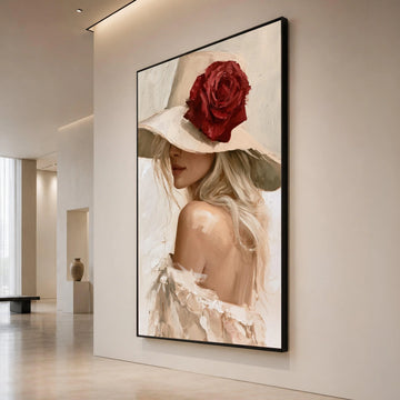 Elegant Woman with Wide Brim Hat Canvas, Red Rose Accent, Feminine Portrait Wall Art, Soft Neutral Tones Decor, Chic Canvas Print Art