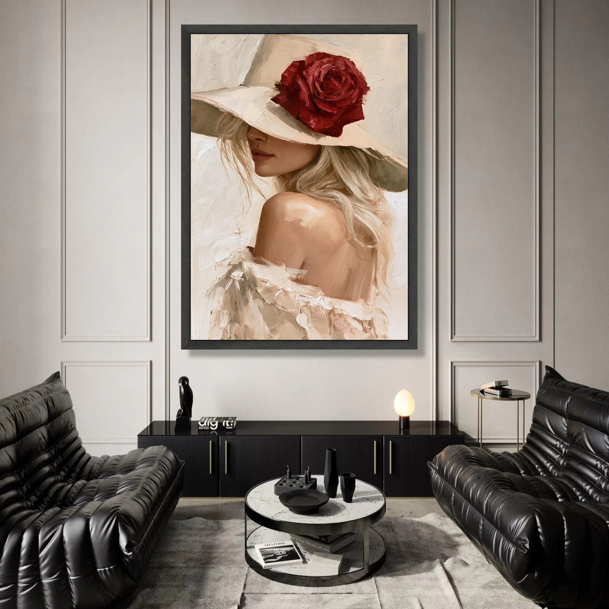 Elegant Woman with Wide Brim Hat Canvas, Red Rose Accent, Feminine Portrait Wall Art, Soft Neutral Tones Decor, Chic Canvas Print Art