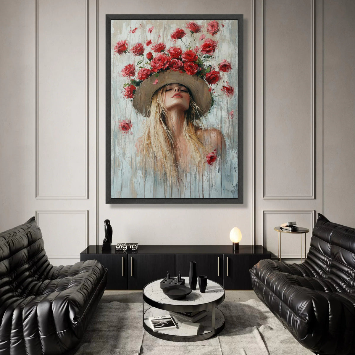 Elegant Woman with Floral Hat Canvas, Romantic Red Roses Wall Art, Portrait Painting on Canvas, Feminine Home Decor, Nature Canvas Print Art