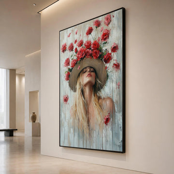 Elegant Woman with Floral Hat Canvas, Romantic Red Roses Wall Art, Portrait Painting on Canvas, Feminine Home Decor, Nature Canvas Print Art
